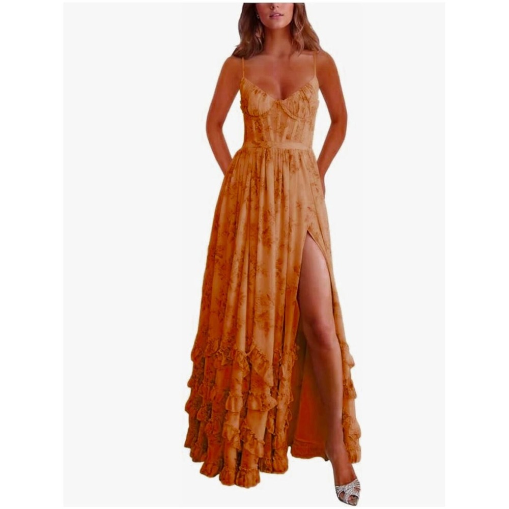 4 6 8 10 S M adjustable corset romantic flor orange ruffles spaghetti maxi dress